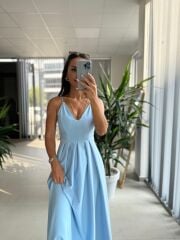 My 3795 Askılı V Yaka Taşlı Bebe Mavi Maksiboy Elbise