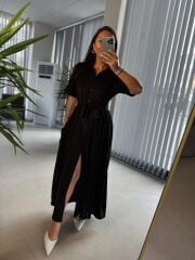 Dr 8326 Tasarım Maksiboy Siyah Gömlek Elbise