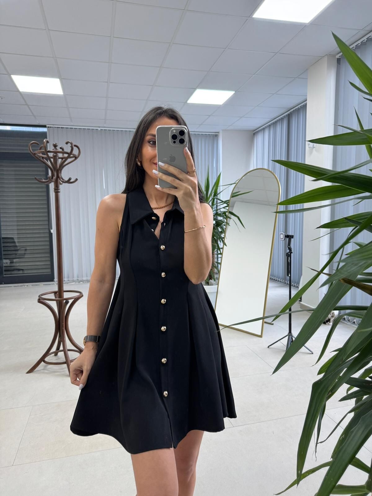 Kd 7849 Pileli Siyah Gömlek Elbise