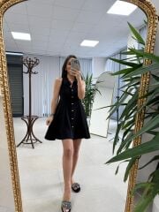 Kd 7849 Pileli Siyah Gömlek Elbise