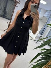 Kd 7849 Pileli Siyah Gömlek Elbise