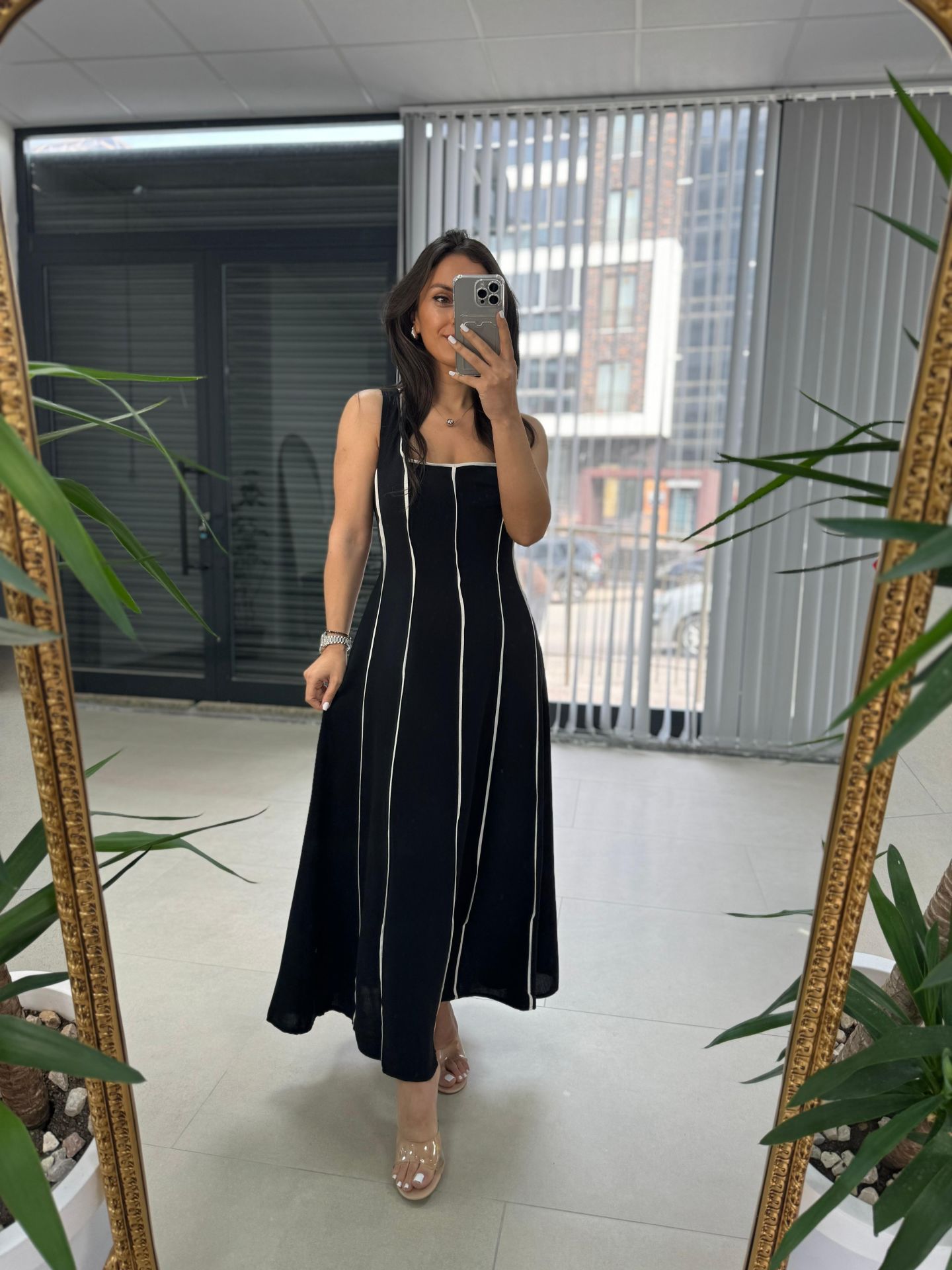 Ms Massi Model Siyah Çizgili Keten Elbise