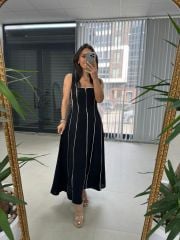 Ms Massi Model Siyah Çizgili Keten Elbise