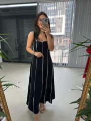 Ms Massi Model Siyah Çizgili Keten Elbise