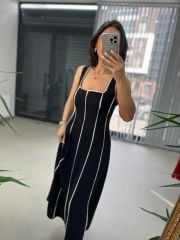 Ms Massi Model Siyah Çizgili Keten Elbise