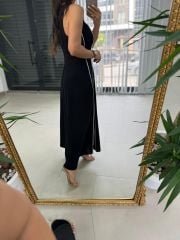 Ms Massi Model Siyah Çizgili Keten Elbise