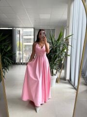 My 3795 Askılı V Yaka Taşlı Pembe Maksiboy Elbise