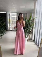 My 3795 Askılı V Yaka Taşlı Pembe Maksiboy Elbise