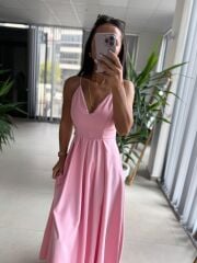 My 3795 Askılı V Yaka Taşlı Pembe Maksiboy Elbise