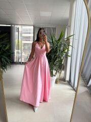 My 3795 Askılı V Yaka Taşlı Pembe Maksiboy Elbise