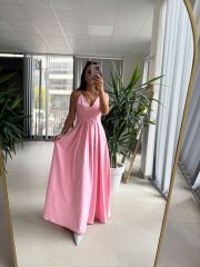 My 3795 Askılı V Yaka Taşlı Pembe Maksiboy Elbise