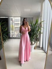My 3795 Askılı V Yaka Taşlı Pembe Maksiboy Elbise