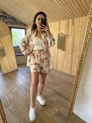 Şortlu kiremit palmiyeli keten takım