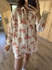 Şortlu kiremit palmiyeli keten takım