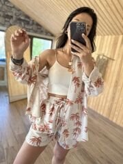 Şortlu kiremit palmiyeli keten takım