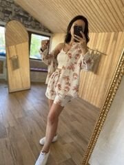 Şortlu kiremit palmiyeli keten takım