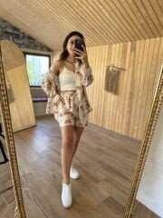 Şortlu kiremit palmiyeli keten takım