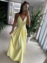 My 3795 Askılı V Yaka Taşlı Sarı Maksiboy Elbise