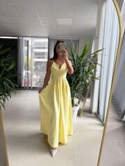 My 3795 Askılı V Yaka Taşlı Sarı Maksiboy Elbise