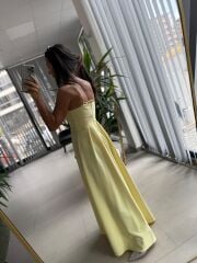 My 3795 Askılı V Yaka Taşlı Sarı Maksiboy Elbise