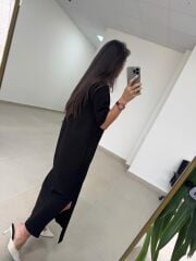 Ms 04145 Nervürlü Yan Yırtmaçlı Siyah Sweat Elbise