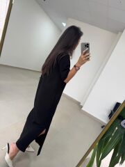 Ms 04145 Nervürlü Yan Yırtmaçlı Siyah Sweat Elbise