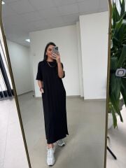Ms 04145 Nervürlü Yan Yırtmaçlı Siyah Sweat Elbise