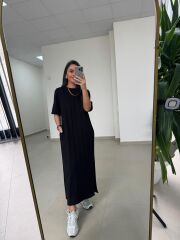 Ms 04145 Nervürlü Yan Yırtmaçlı Siyah Sweat Elbise