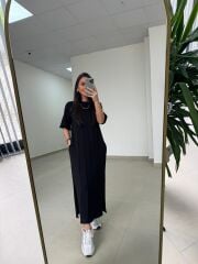 Ms 04145 Nervürlü Yan Yırtmaçlı Siyah Sweat Elbise