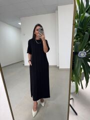 Ms 04145 Nervürlü Yan Yırtmaçlı Siyah Sweat Elbise