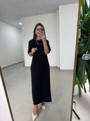 Ms 04145 Nervürlü Yan Yırtmaçlı Siyah Sweat Elbise