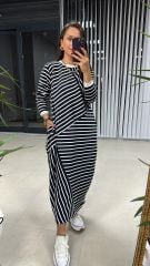 Langes marineblau-weiß gestreiftes Kleid von Dr