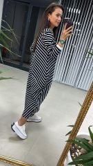 Langes marineblau-weiß gestreiftes Kleid von Dr