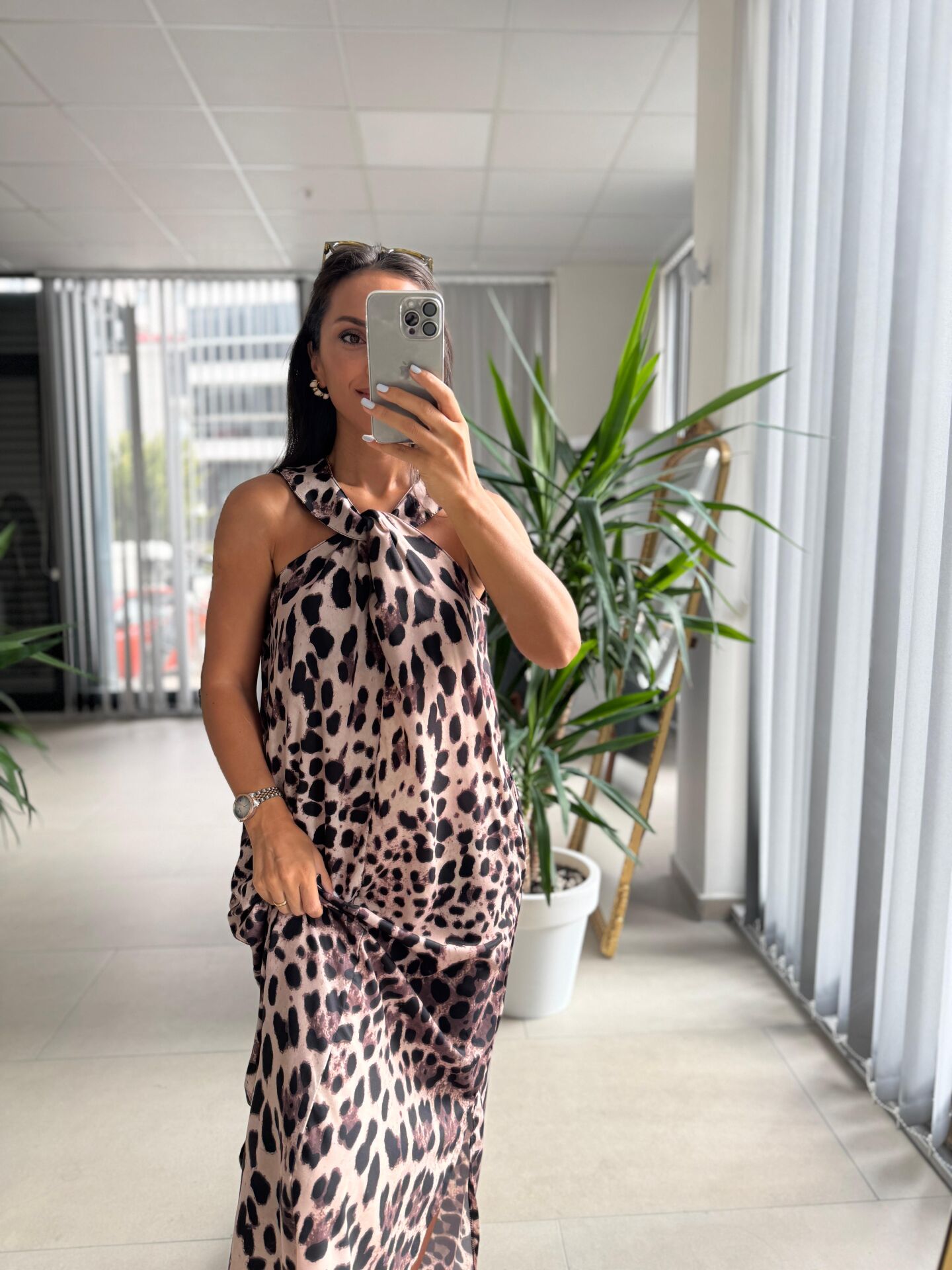 Ms Yaka Düğüm Detaylı Leopar Elbise