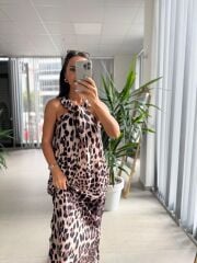 Ms Yaka Düğüm Detaylı Leopar Elbise