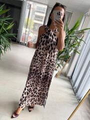 Ms Yaka Düğüm Detaylı Leopar Elbise