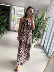 Ms Yaka Düğüm Detaylı Leopar Elbise