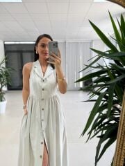 Ms 04 Taş Ceket Yakalı Kolsuz Düğmeli Maksi Elbise