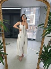 Ms Massi Model Krem Çizgili Keten Elbise