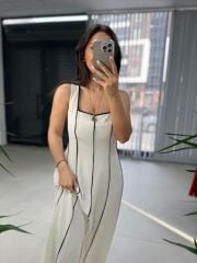Ms Massi Model Krem Çizgili Keten Elbise