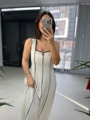 Ms Massi Model Krem Çizgili Keten Elbise