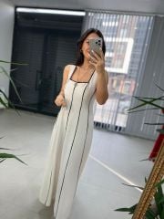 Ms Massi Model Krem Çizgili Keten Elbise