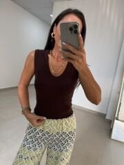 İv 24172 Kahve V Yaka kolsuz Tişört