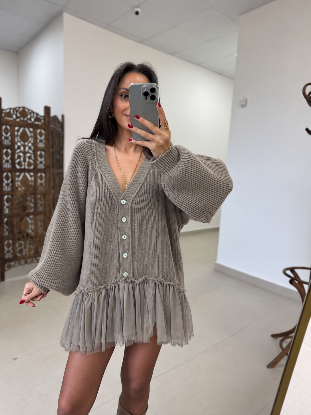 Po 2839 Tül Etek Detaylı Vizon Triko Hırka