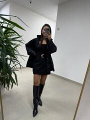 Ms 222 Siyah Çıt Çıt Detaylı Oversize Mont