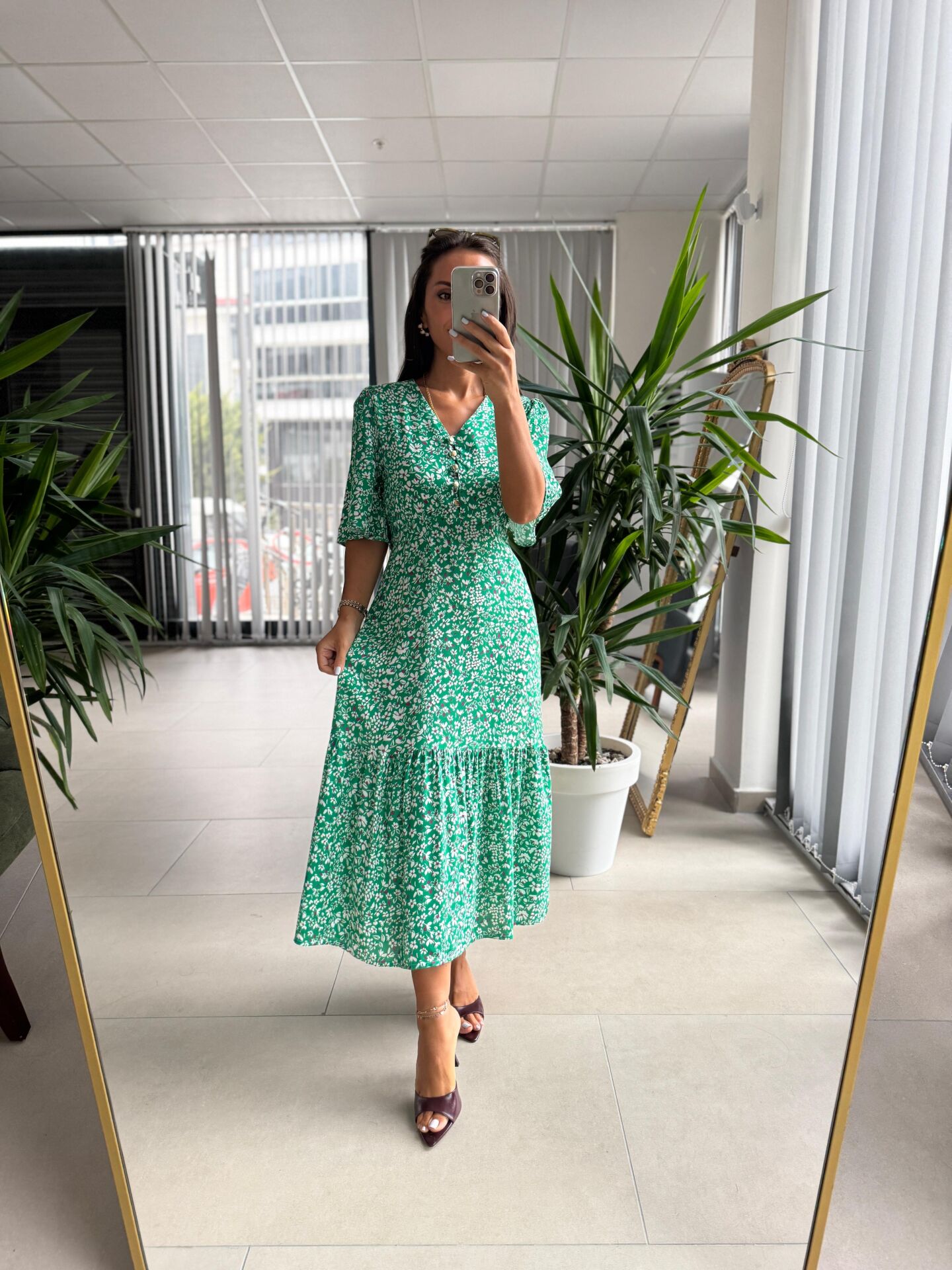 My 3109 Gold Düğmeli Maksi Yeşil Elbise