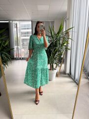 My 3109 Gold Düğmeli Maksi Yeşil Elbise