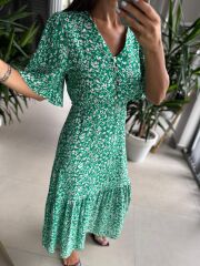 My 3109 Gold Düğmeli Maksi Yeşil Elbise