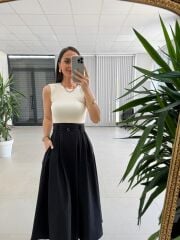 My 3969 Bej-Siyah Bluz ve Etek Görünümlü Tek Parça Elbise