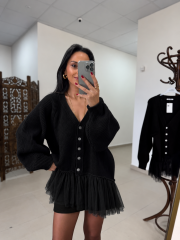 Po 2839 Tül Etek Detaylı Siyah Triko Hırka